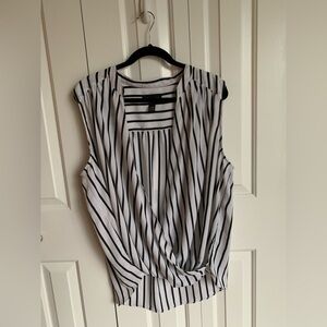 INC International Concepts Black and White Striped Plunging Wrap Draped Blouse